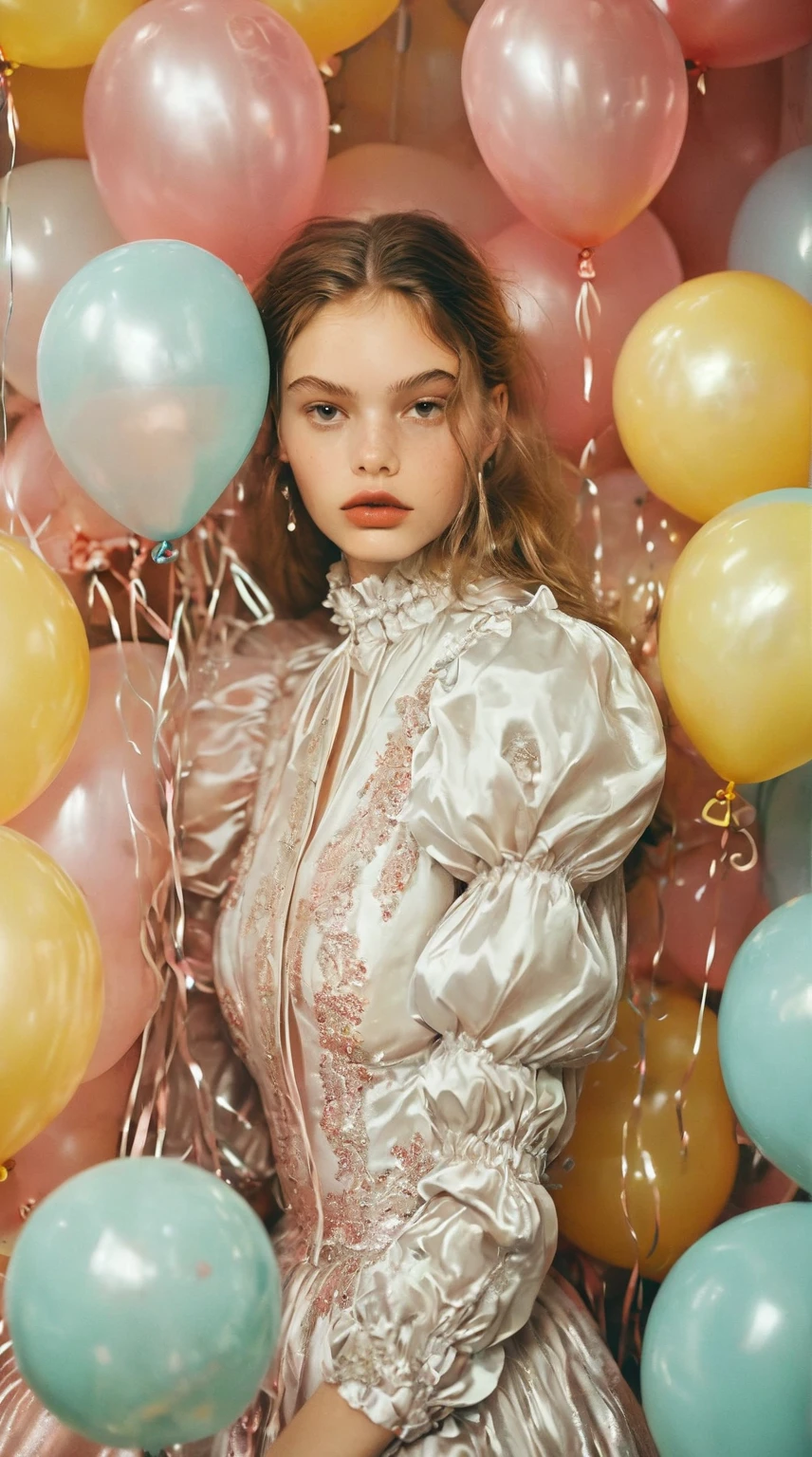 a young model in dress posing for a picture with balloons, in style of petra collins, as fashion editorial 90s, by Zofia Stryjenska, by Maud Naftel, by Emma Andijewska, fashion editorial, monia merlo, 1 model in the frame, fashion editorial photography, editorial fashion photography, beautiful gemini twins portrait, fashion magazine editorial
