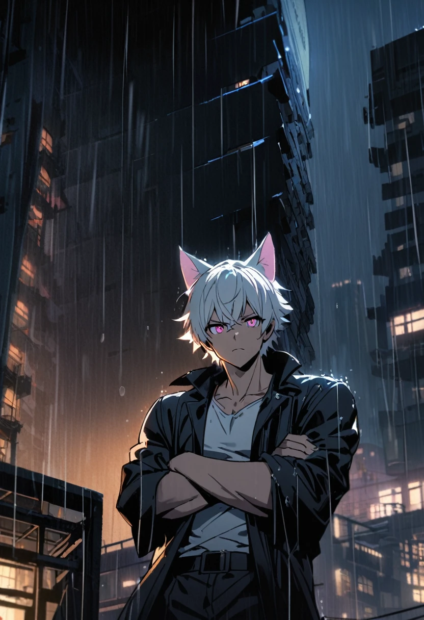 1 men, short white hair, pink eyes, Kitten ears, black overcoat, slightly muscular body, at night, raining, front view, Top of a destroyed building, crossed arms, 4K