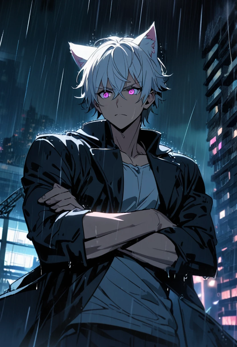 1 men, short white hair, pink eyes, Kitten ears, black overcoat, slightly muscular body, at night, raining, front view, Top of a destroyed building, crossed arms, 4K