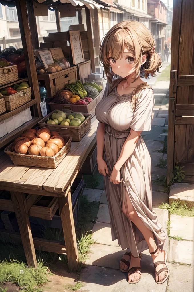 1girl,(anime coloring:1.2), best quality, looking at viewer, short wavy hair, chestnut hair, feminine, large breasts, (solid Maxi dress), (Light brown color Short sleeve Maxi dress:1.3),Ancient Village,Vegetable stall,