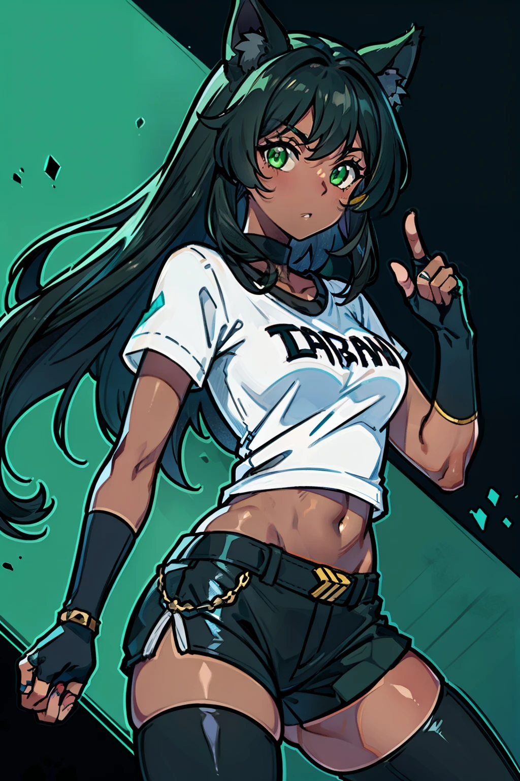 man, wearing a t shirt, long bermudas, fingerless gloves, dark skin, black cat ears, green eyes, black hair 
