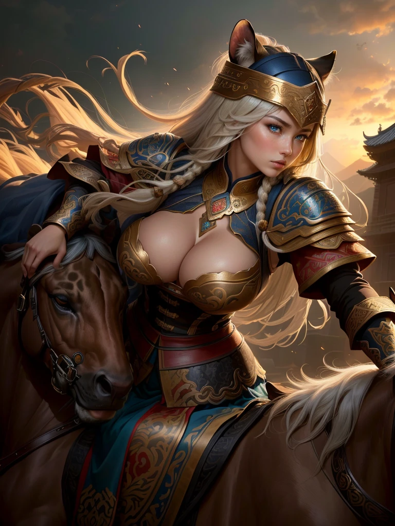 a close up of a man riding a horse with a leopard on it, genghis khan, mongol, inspired by Li Kan, inspired by Hu Zaobin, photo of genghis khan, bian lian, naranbaatar ganbold, inspired by Huang Shen, yiqiang and shurakrgt, by Yang Borun, kuang hong, Highly detailed CG unit 8k wallpaper, masterpiece, High resolution, highest quality, highest quality real texture skin, Super Real, Digital Painting, Best image quality, 最High resolution, 8k, ((Highly detailed eyes and face, Beautiful eyes every detail)), 1girl, Full Body Shot, 1girl, Saggy breasts, Gravity-dependent breasts, long chest, Heavy chest, disproportionate breasts, huge breasts, sagging breasts, gigantic breasts, erect nipple, Cleavage cut out,