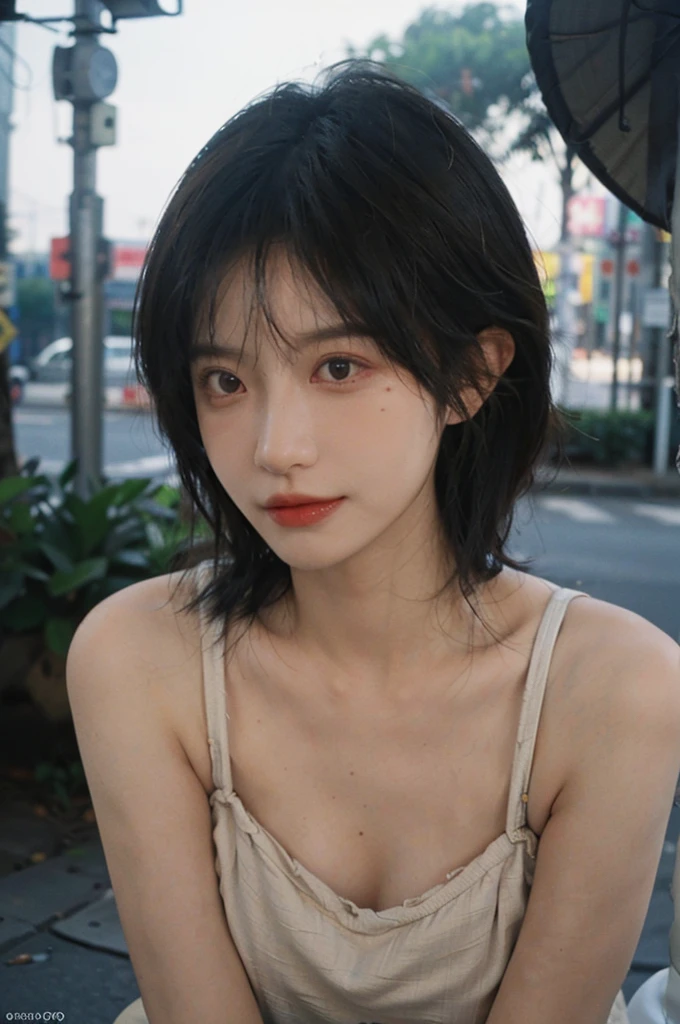 1 girl,Model,Upper Body,short hair,A faint smile,serene, calm,Moles under the eyes,Exquisite eyes, Delicate face,Lipstick,earrings,Hair details, skirt,(Dress conservatively:1.3)(Large Breasts:1.2),outdoor,background,城市background,(Skin details:1.4),(Realistic and detailed eyes:1.2), Natural skin texture, Realistic facial details,Close-up of face,Portrait Photography,(Portrait Photography:1.1), (smooth skin textures:1.3), (Highest quality real skin textures:1.4), Direct vision,Soft dramatic lighting, Vivid details, 35 mm film, (Photo Practical:1.4), (hyper Practical:1.4), (Practical:1.3), (Smoother lighting:1.05), (Improve lighting quality:0.9), (Enhance the beauty of skin texture:1.1), Depth of Field, Bokeh, Surrealism, Ray Tracing, ( Surrealism, High Detail, Chiaroscuro, Ray Tracing, reflected light, Ultra HD, Ultra HD, masterpiece, Textured Skin, Super Detail, High Detail, high quality, best quality