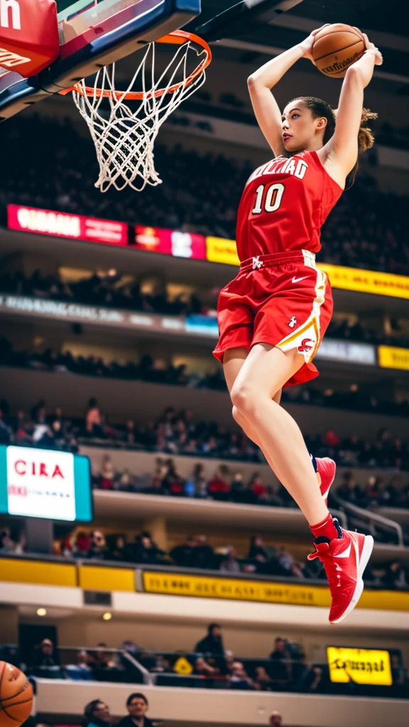(best quality, masterpiece, colorful, dynamic angle, highest detailed) fashion photography of a cute and sexy korean female basketball player in a red and gold Cleveland basketball uniform leaping in the air attempting to dunk a basketball, dunking, big breast, yui hatano as a tall nba player, sora aoi, lighting her with a rim light, lindsay adler, tim hildebrant, sam weber, Cleveland jersey, hip and leg shot, brooke ashling