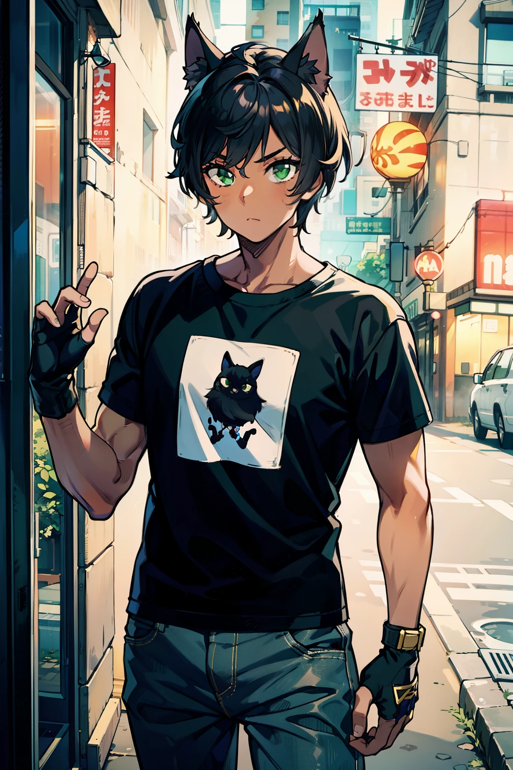 man, wearing a t shirt, long bermudas, fingerless gloves, dark skin, black cat ears, green eyes, black hair 