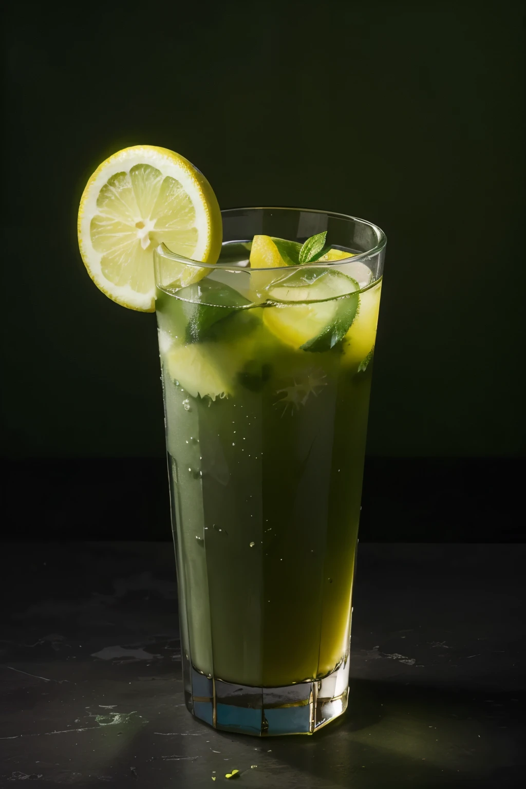 lemon juice with strong colors on a dark green background, with well-defined shadows, image for product sales and promotion. Professional image with market differentiation