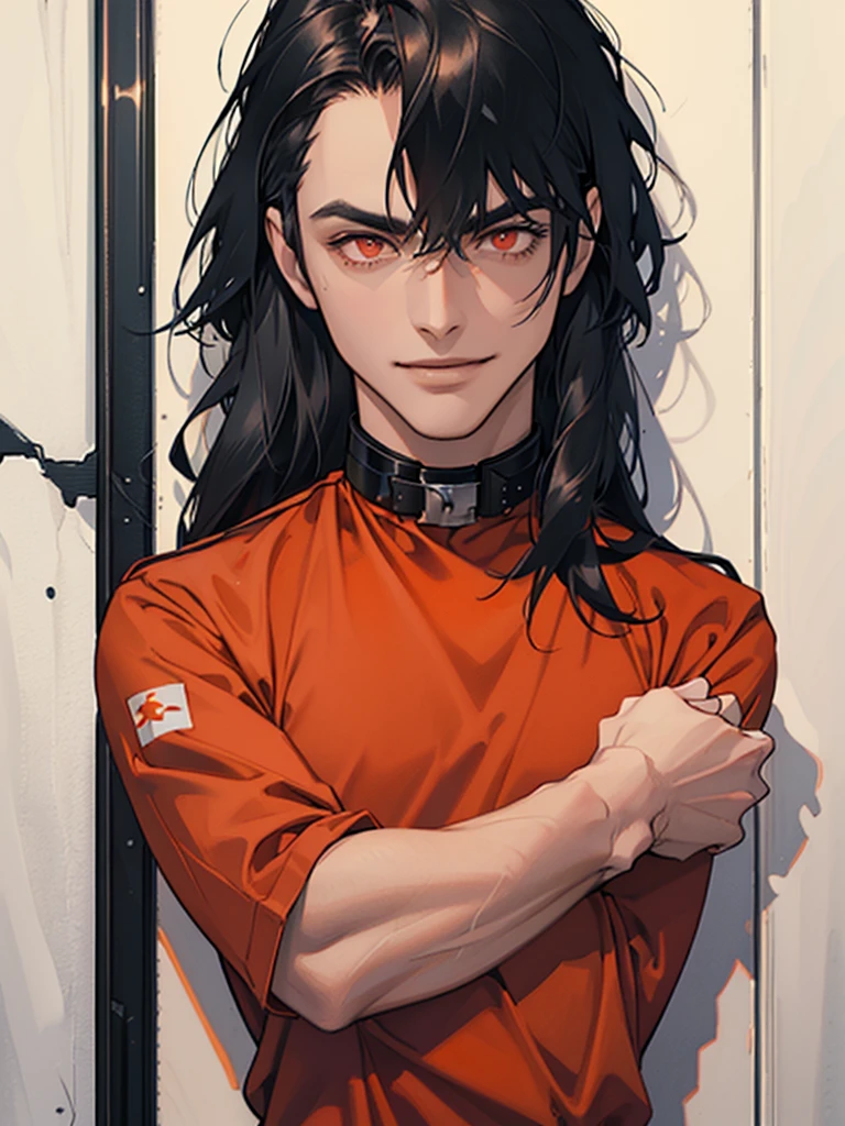 a man, Black long straight hair, dark red eyes, Slender and tall, prisoner, Perfect male body, Looking at the camera, (Orange prison uniform, Hold your arms tight, Smile, cell), portrait, Dramatic shadows, Prisoner, Chained