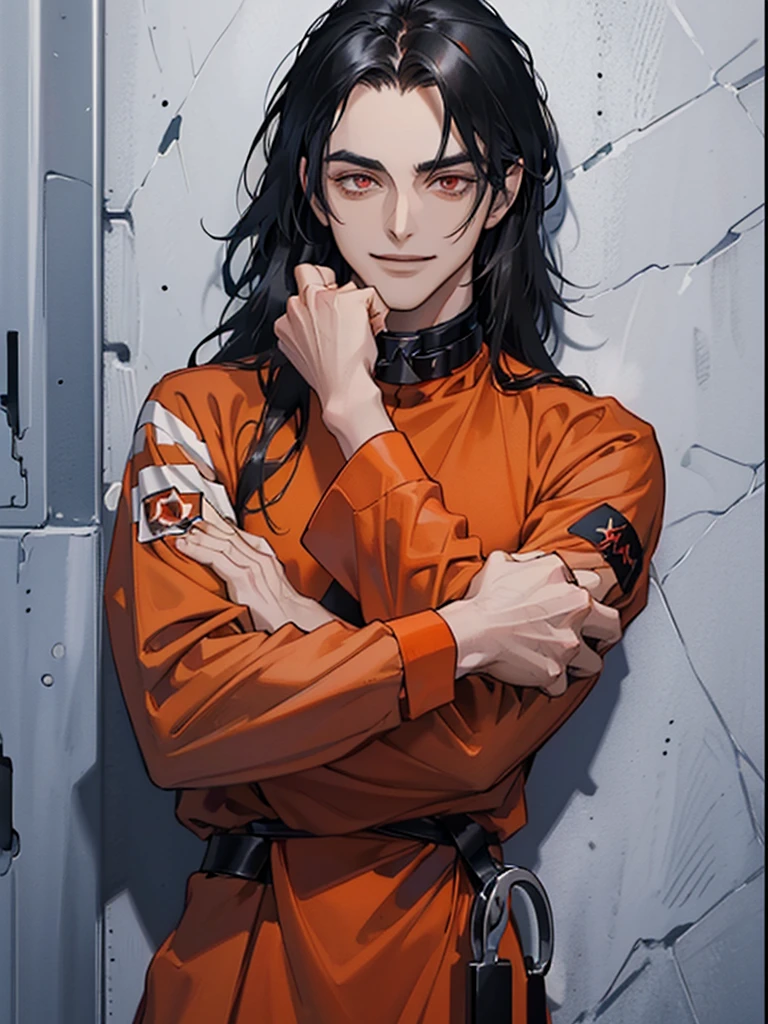 a man, Black long straight hair, dark red eyes, Slender and tall, prisoner, Perfect male body, Looking at the camera, (Orange prison uniform, Hold your arms tight, Smile, cell), portrait, Dramatic shadows, Prisoner, Chained