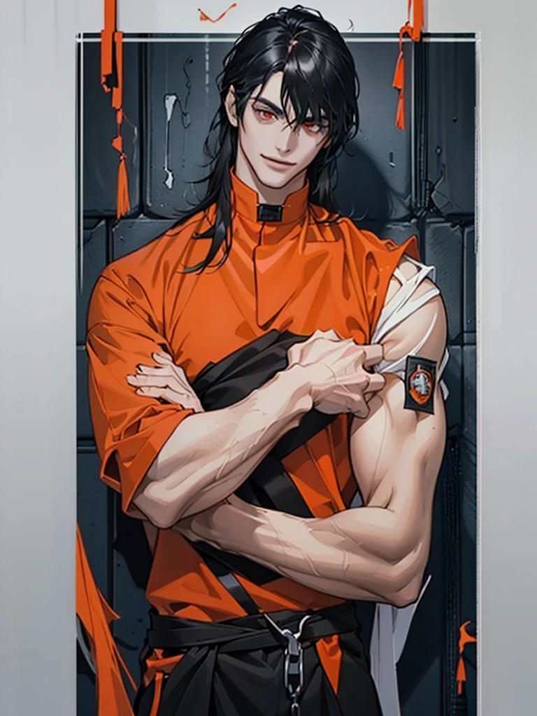 a man, Black long straight hair, dark red eyes, Slender and tall, prisoner, Perfect male body, Looking at the camera, (Orange prison uniform, Hold your arms tight, Smile, cell), portrait, Dramatic shadows, Prisoner, Chained