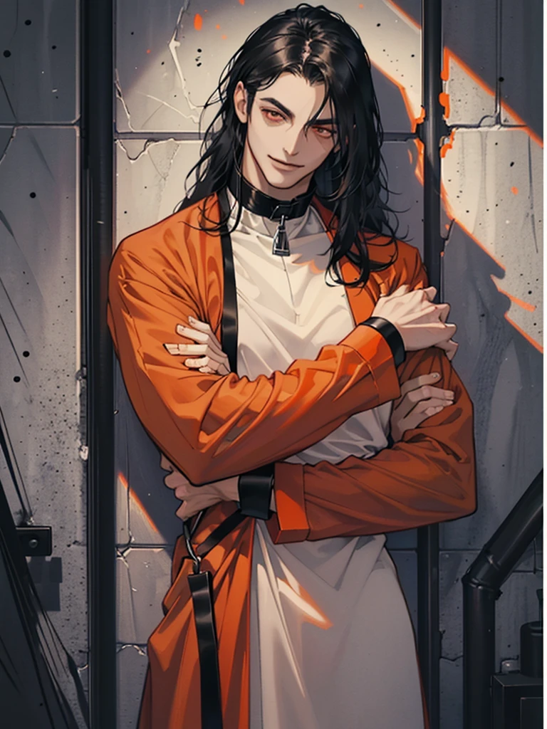 a man, Black long straight hair, dark red eyes, Slender and tall, prisoner, Perfect male body, Looking at the camera, (Orange prison uniform, Hold your arms tight, Smile, cell), portrait, Dramatic shadows, Prisoner, Chained