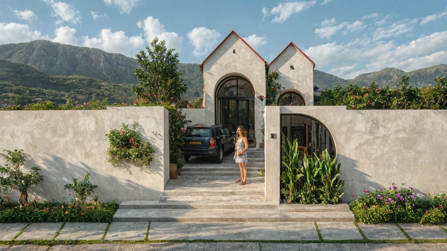 Raw photo,Masterpiece, high quality, best quality, authentic, super detail, exterior, outdoors,A small, one-story house with a white exterior with two prominent archways at the entrance. The house has a red, gabled roof and dark-framed windows. There are several plants near the entrance, including a climbing plant with purple flowers. The steps leading up to the entrance are black, with potted plants on both sides.,pavement, grass, trees, blue sky, (daylight:1.1), ((realistic photo)),(rain:1.3)