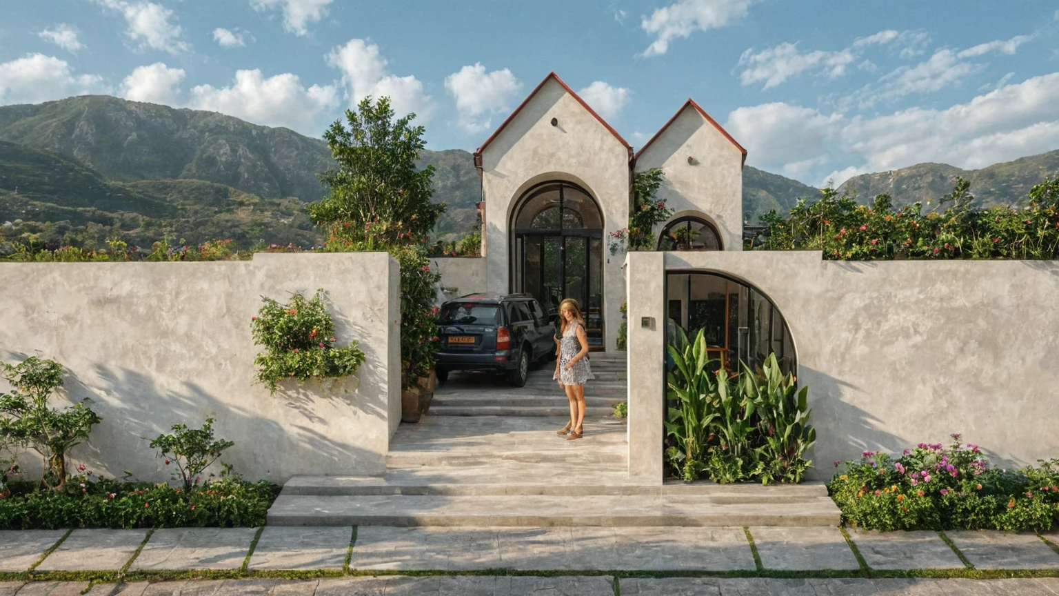 Raw photo,Masterpiece, high quality, best quality, authentic, super detail, exterior, outdoors,A small, one-story house with a white exterior with two prominent archways at the entrance. The house has a red, gabled roof and dark-framed windows. There are several plants near the entrance, including a climbing plant with purple flowers. The steps leading up to the entrance are black, with potted plants on both sides.,pavement, grass, trees, blue sky, (daylight:1.1), ((realistic photo)),(rain:1.3)