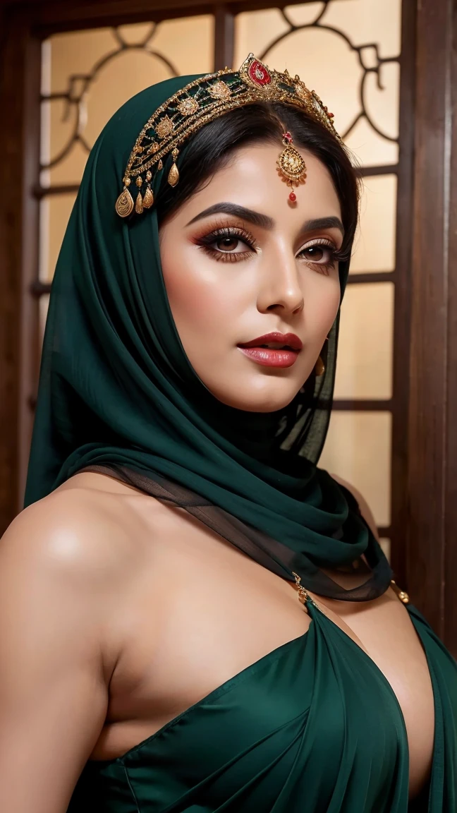 hot arabic mature queen,Her hair is long, dark, and lustrous, partially visible beneath the elegantly draped dupatta that adorns her head and shoulders, respecting her tradational heritage. The dupatta, a piece of fine, lightweight fabric, is richly embroidered with traditional palace motifs, incorporating colors like deep reds, vibrant greens, and golds, symbolizing the richness of her culture,voloptuous,slight fat,red lips,gigantic_breast,mature,sexy,beauty,perfect face,perfect eyes,hd makeup,shimmery makeup,
