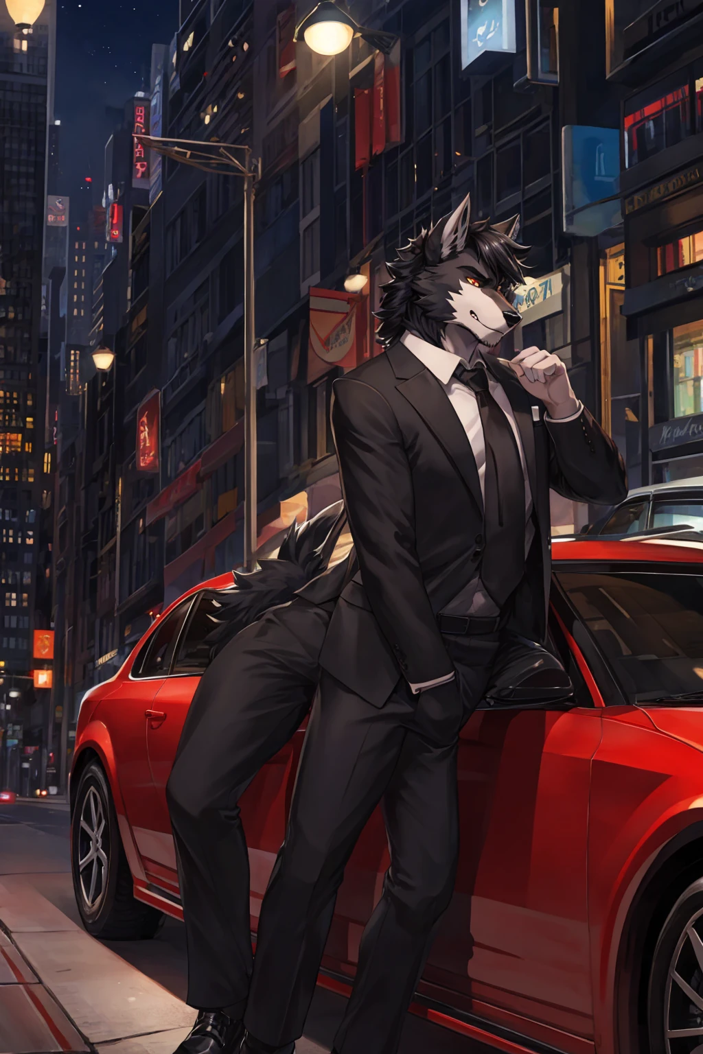 Anthro wolf man, Wearing a black suit, handsome, charismatic, has a firm and serious expression, black hair with a red pattern, he is in the middle of the night city, while leaning against a cool sedan. (Anthro wolf male)