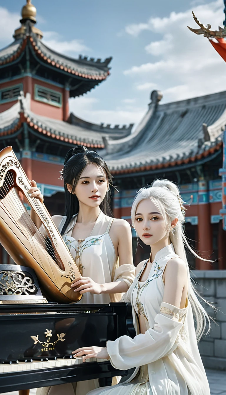 Two girls, A girl holding a piano, A girl holding a pipa, White hair, xianxia fantasy, CG social popularity, Chinese Tower, Foreground floats, Messy hair, Motion Blur, light, Blurred foreground, Movement Line, High Detail, 16K, high resolution, Textured Skin, Super Detail