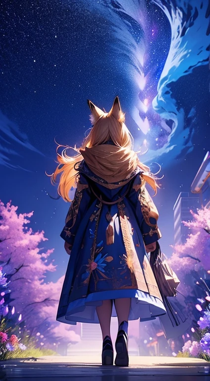 1people々々々々々々々,Blonde long-haired woman,Fox Ears,Long coat, Dress Silhouette, Rear View,Space Sky, Flower Field,Colorful flowers