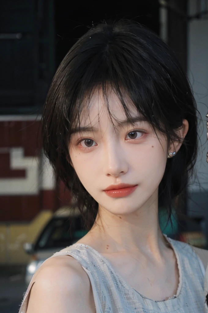 1 girl，Model，Upper Body，short hair,A faint smile,serene, calm，Moles under the eyes,Exquisite eyes, Delicate face,Lipstick,earrings,Hair details, skirt，（Dress conservatively：1.3）(Large Breasts:1.2),outdoor,background,城市background，(Skin details:1.4),(Realistic and detailed eyes：1.2）, Natural skin texture, Realistic facial details,Close-up of face,Portrait Photography,(Portrait Photography:1.1), (smooth skin textures:1.3), (Highest quality real skin textures:1.4), Direct vision,Soft dramatic lighting, Vivid details, 35 mm film, (Photo Practical:1.4), (hyper Practical:1.4), (Practical:1.3), (Smoother lighting:1.05), (Improve lighting quality:0.9), (Enhance the beauty of skin texture:1.1), Depth of Field, Bokeh, Surrealism, Ray Tracing, ( Surrealism, High Detail, Chiaroscuro, Ray Tracing, reflected light, Ultra HD, Ultra HD, masterpiece, Textured Skin, Super Detail, High Detail, high quality, best quality