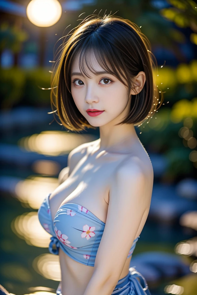 "Voluptuous Japanese traditional beauty, 27 years old, height 160cm, classic curves
 (95-62-92 cm), full F-cup breasts, slender 62cm waist, ample 92cm hips, smooth pale
 skin like white jade (RGB: 248, 245, 240), oval face with gentle features, soft
 almond-shaped eyes (deep brown, RGB: 45, 30, 15) with single eyelids, small
 straight nose, small mouth with naturally red lips (RGB: 212, 98, 95), long straight
 black hair reaching lower back, currently in a loose bun with a few strands framing
 face, no makeup showcasing natural beauty, wearing a light blue (RGB: 202, 225,
 255) yukata with white cherry blossom pattern, yukata slightly open revealing
 décolletage and a glimpse of thigh, red obi sash accentuating waist, relaxing in an
 outdoor onsen (hot spring) surrounded by large rocks and Japanese maple trees,
 steam rising from hot water, soft mood lighting from paper lanterns, night sky with full
 moon visible, sensual but tasteful composition emphasizing natural beauty and
 serenity, shot with Leica Q2 full-frame compact camera, 28mm f/1.7 Summilux lens,
 ISO 3200, 1/30 sec, 47MP resolution, focus on serene expression and subtle skin
 tones through steam--ar 3:4--q 2--s 900--v 6.0--style raw"