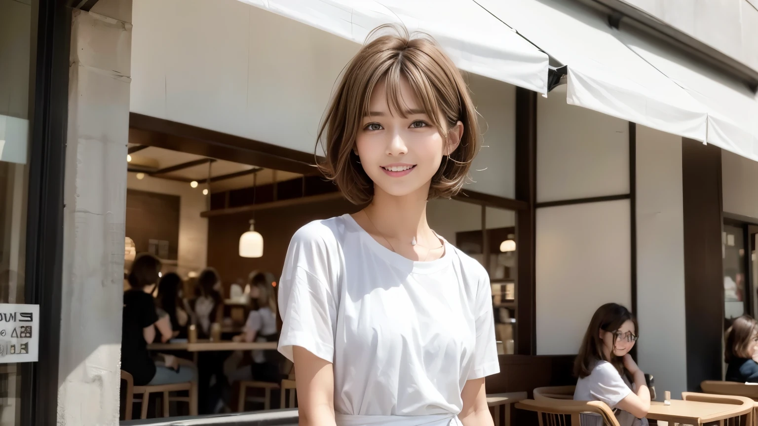 super high quality, short hair, thin, Gravure photo session, The staff is working at the counter in the back.., (8k、RAW Photos、Highest quality、masterpiece:1.2), Japanese Idols, Stylish cafe, People having fun at the cafe々Bustling with., (Realistic、Realistic:1.37), Bob Hair, Mesh Hair, Urban Cafe, Golden Ratio, RAW Photos, Cute Face , Light brown hair, Small breasts, Bright cafe interior, Spring Clothes, Cafe Terrace, Open Cafe, A kind smile, Hair blowing in the wind, Dress neatly, boyish, T-Shirts, 18-year-old, younger sister, Fashionable clothes,