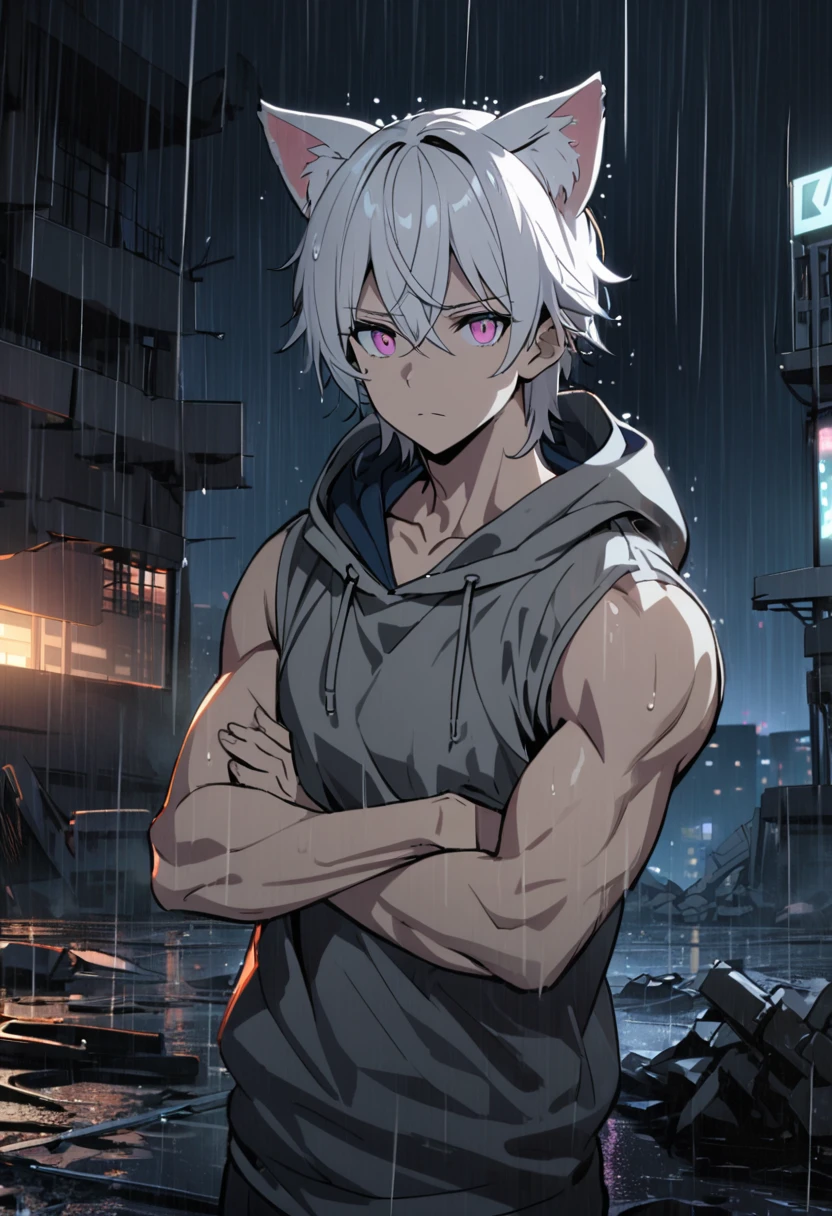1 men, short white hair, pink eyes, Kitten ears, gray hooded sweatshirt, slightly muscular body, at night, raining, front view, Top of a destroyed building, crossed arms, 4K