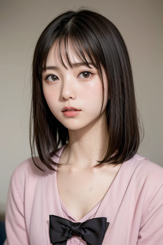 masterpiece, highest quality, 8k, 20th Generation, Large Breasts, cute, alone, sad, cute, Girlish, Delicate girl, Pure beauty, RAW Photos, Professional photography, Portraiture, Soft Light, Professional Lighting, Backlight, Upper Body, avert your eyes, Sophisticated, Film Grain, (Eyes and facial details:1.0), Short floating hair, Beautiful, flowing hair, bangs, T-shirt and greyish lavender cardigan、(Large Breasts:1.4)、Saggy breasts、You can see a little cleavage