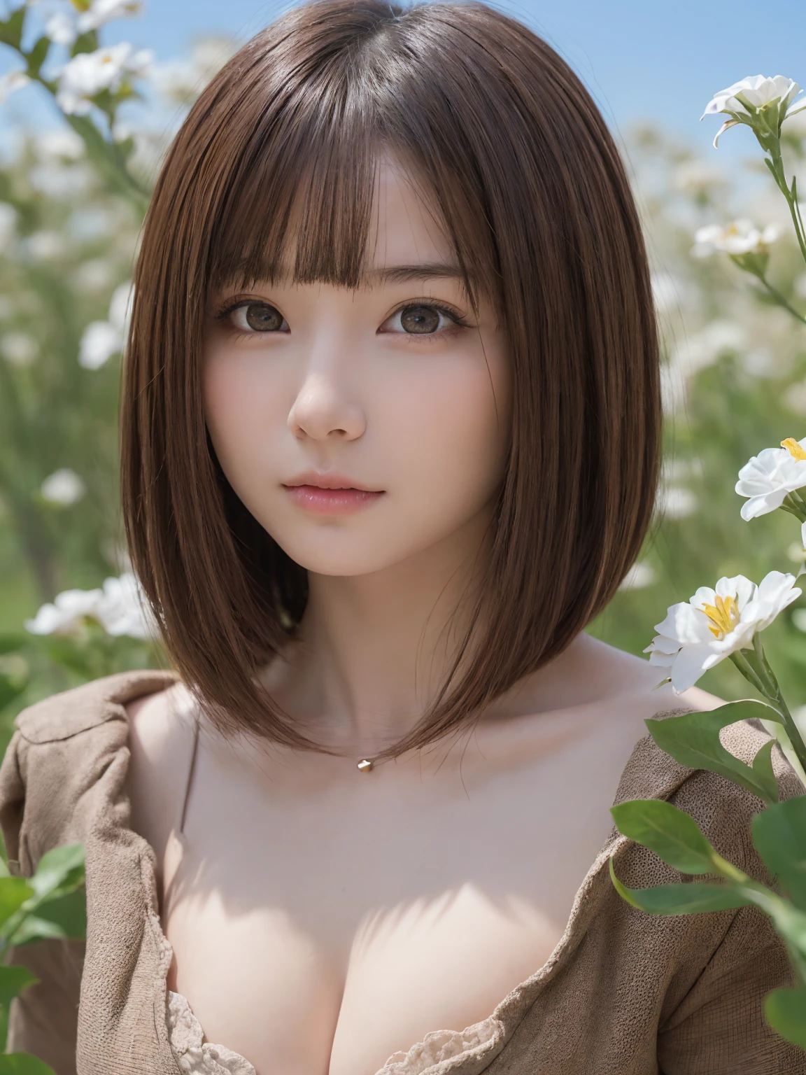 One Girl, (beautiful girl, Delicate girl:1.3), (:1.3),
break,  (Medieval Armor:1.2),
break, (Flower Field　background:1.2),
break, Very beautiful eyes, (Symmetrical eyes:1.3),
break, (Big Breasts:1.3), Brown eyes, Parted bangs, Brown bob cut hair, Round face, cute,
break, (Eye and facial details:1.0),
break, (masterpiece, Highest quality, Very detailed, Detailed face, 8k)