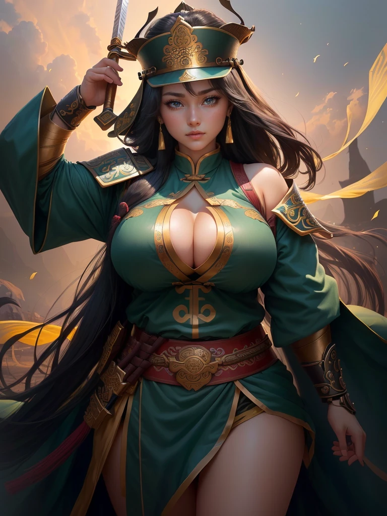 a woman with a bow and a bow in his hand, guan yu, bian lian, naranbaatar ganbold, inspired by Cao Zhibai, inspired by Hu Zaobin, inspired by Fan Kuan, inspired by Li Kan, mongol, inspired by Huang Shen, by Qu Leilei, inspired by Jang Seung-eop, a close up of a girl with a sword and a hat, guan yu, inspired by Hu Zaobin, naranbaatar ganbold, masamune shiro, bian lian, mongol, masamune, feng shu, inspired by Cao Zhibai, inspired by Huang Ding, genghis khan, inspired by Huang Shen, zhao yun, Highly detailed CG unit 8k wallpaper, masterpiece, High resolution, highest quality, highest quality real texture skin, Super Real, Digital Painting, Best image quality, 最High resolution, 8k, ((Highly detailed eyes and face, Beautiful eyes every detail)), 1girl, Full Body Shot, 1girl, Saggy breasts, Gravity-dependent breasts, long chest, Heavy chest, disproportionate breasts, huge breasts, sagging breasts, gigantic breasts, (erect nipple), Cleavage cut out, 