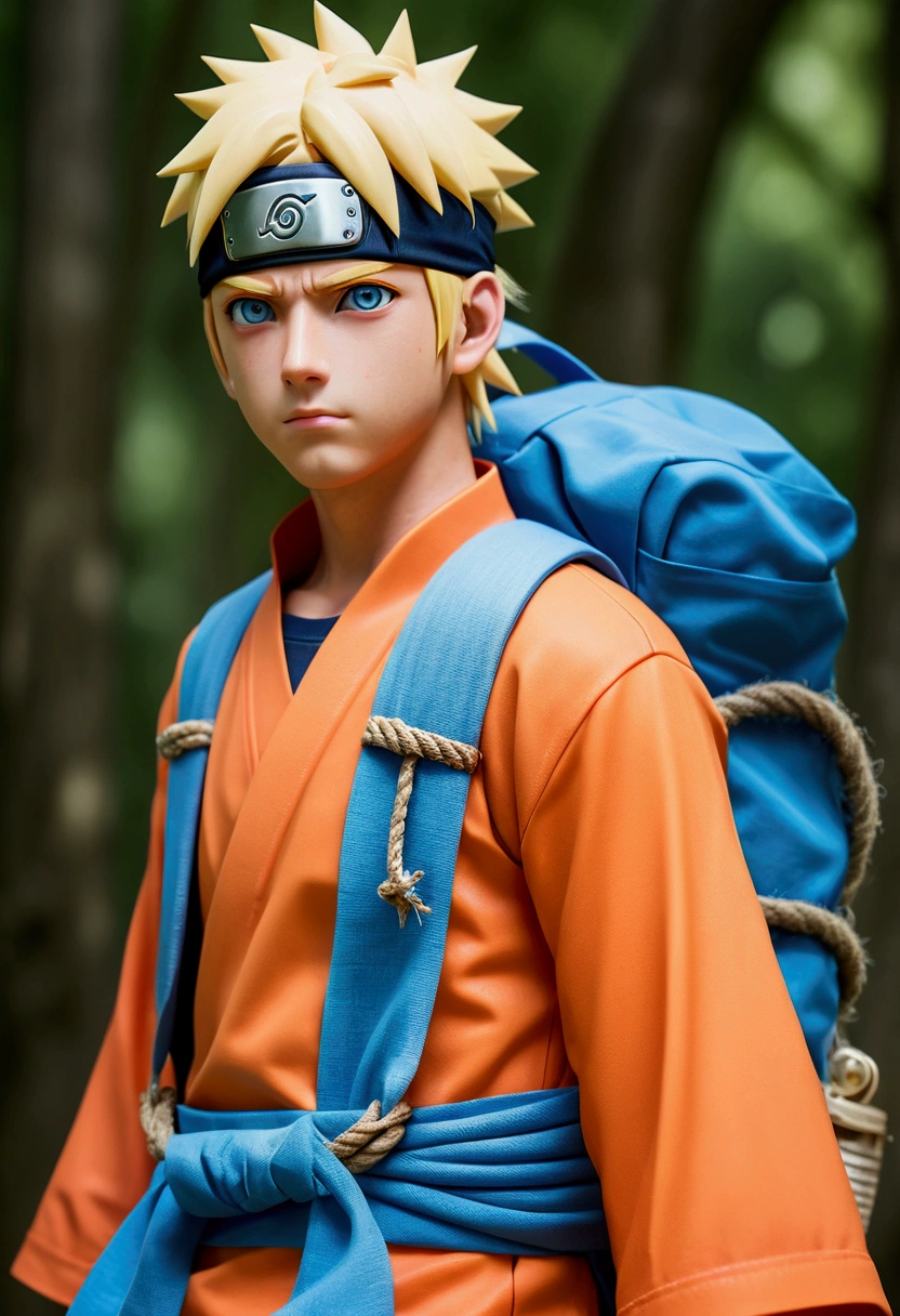 Best Quality, master part, super high resolution, (realism: 1.4), realistic photo, Chico, Naruto Uzumaki is one of Naruto's protagonists, He has bright blue eyes and blonde hair.. He wears an orange tunic with blue decorative stripes on the hem and cuffs., A rope tied around the waist, and a large light blue backpack strapped to his back.