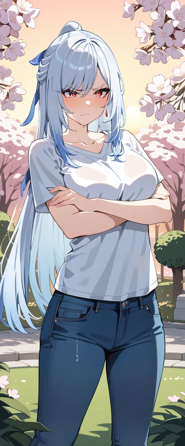 (masterpiece:1.37), best quality, (extremely detailed:1.37), (1girl:1.5), woman, (mature:1.5), (adult:1.5), jingliu, white hair, long hair, ponytail, hair ribbon, red eyes, earrings, jewelry, (jeans:1.25), (extremely detailed eyes:1.37), (wetting self:1.75), embarrassed, humiliation, blushing, (angry:1.5), cherry blossoms, garden, (golden hour:1.5), full body, (arms crossed:1.5)
