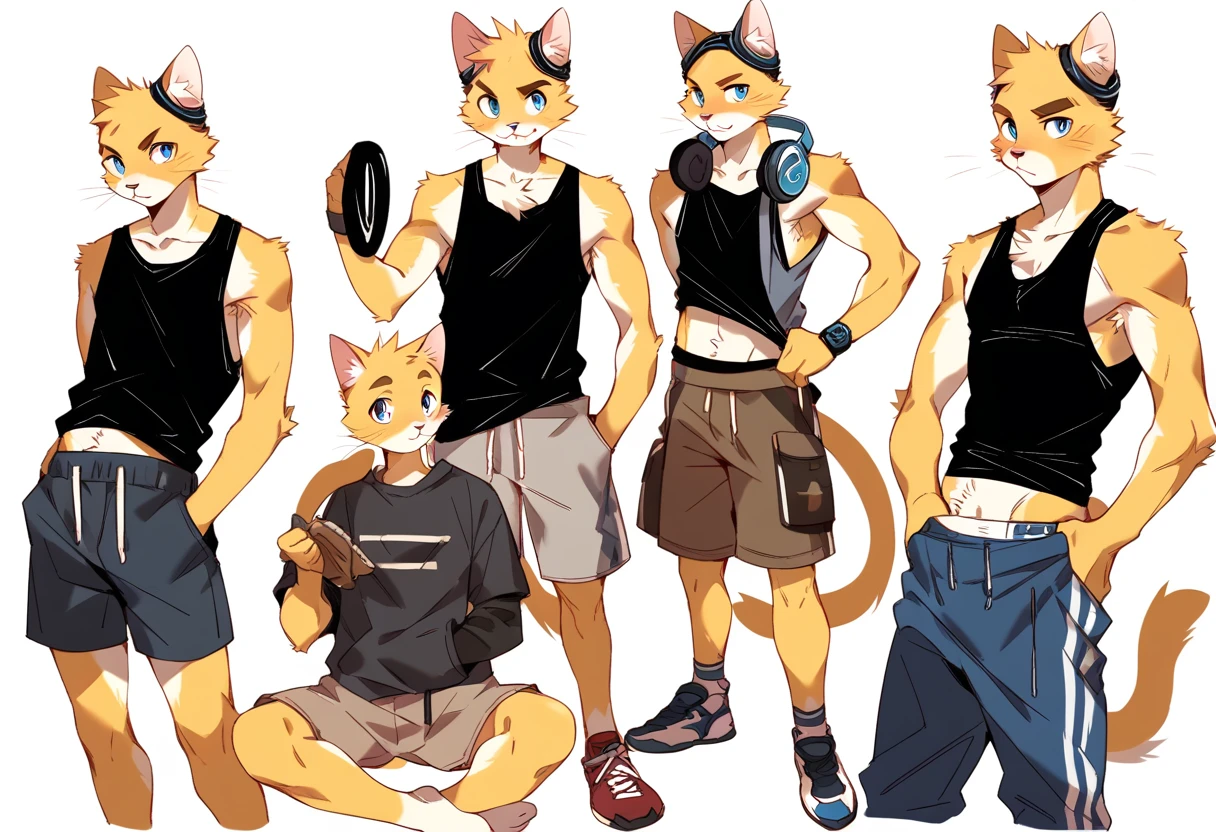 score_9, score_8_up, score_7_up, male, furry, high quality, hires, anthro, teenager, 16 years old, domestic cat, bright yellow fur, blue eyes, wide brown eyebrows, confidant expression, humanoid feet, slim body, prominent v-line, prominent abs, prominent legs, prominent forearm, prominent knees, white background, treasure trail, armpit hair, furry legs, in 3 various sexy poses, headphones, casual clothes, joggers, black tank top, shorts, pull-ups, working out