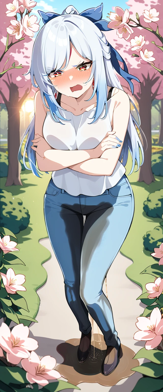 (masterpiece:1.37), best quality, (extremely detailed:1.37), (1girl:1.5), woman, (mature:1.5), (adult:1.5), jingliu, white hair, long hair, ponytail, hair ribbon, red eyes, earrings, jewelry, (jeans:1.25), (extremely detailed eyes:1.37), (wetting self:1.75), embarrassed, humiliation, blushing, (angry:1.5), cherry blossoms, garden, (golden hour:1.5), full body, (arms crossed:1.5)