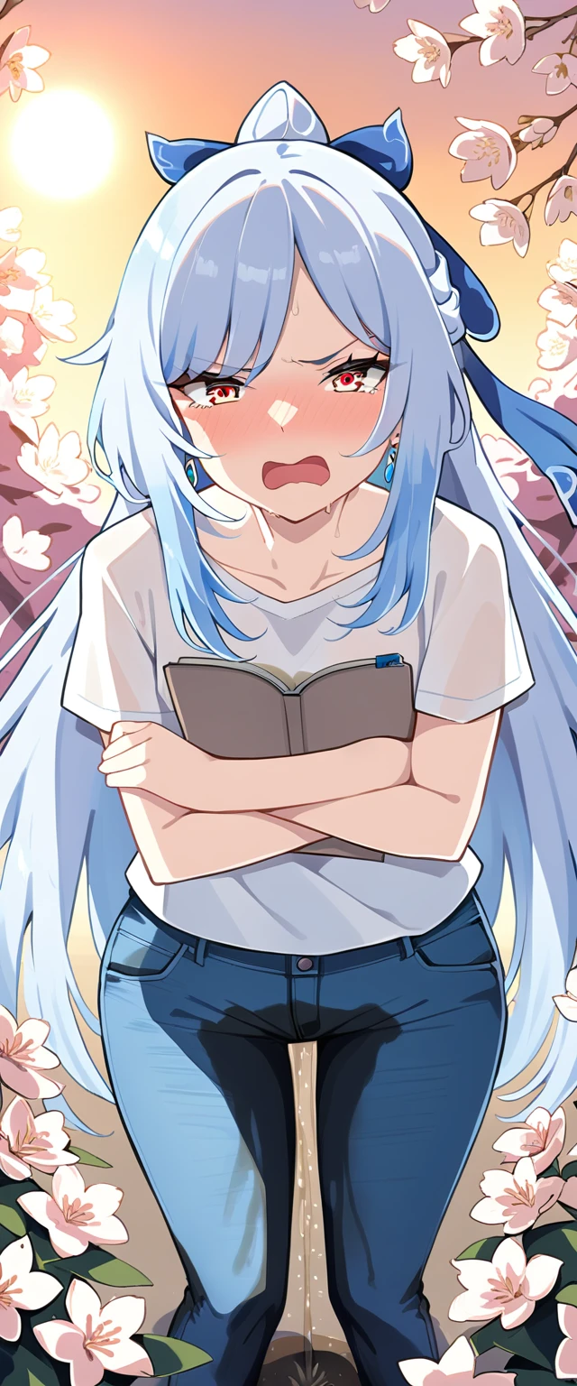 (masterpiece:1.37), best quality, (extremely detailed:1.37), (1girl:1.5), woman, (mature:1.5), (adult:1.5), jingliu, white hair, long hair, ponytail, hair ribbon, red eyes, earrings, jewelry, (jeans:1.25), (extremely detailed eyes:1.37), (wetting self:1.75), embarrassed, humiliation, blushing, (angry:1.5), cherry blossoms, garden, (golden hour:1.5), full body, (arms crossed:1.5)