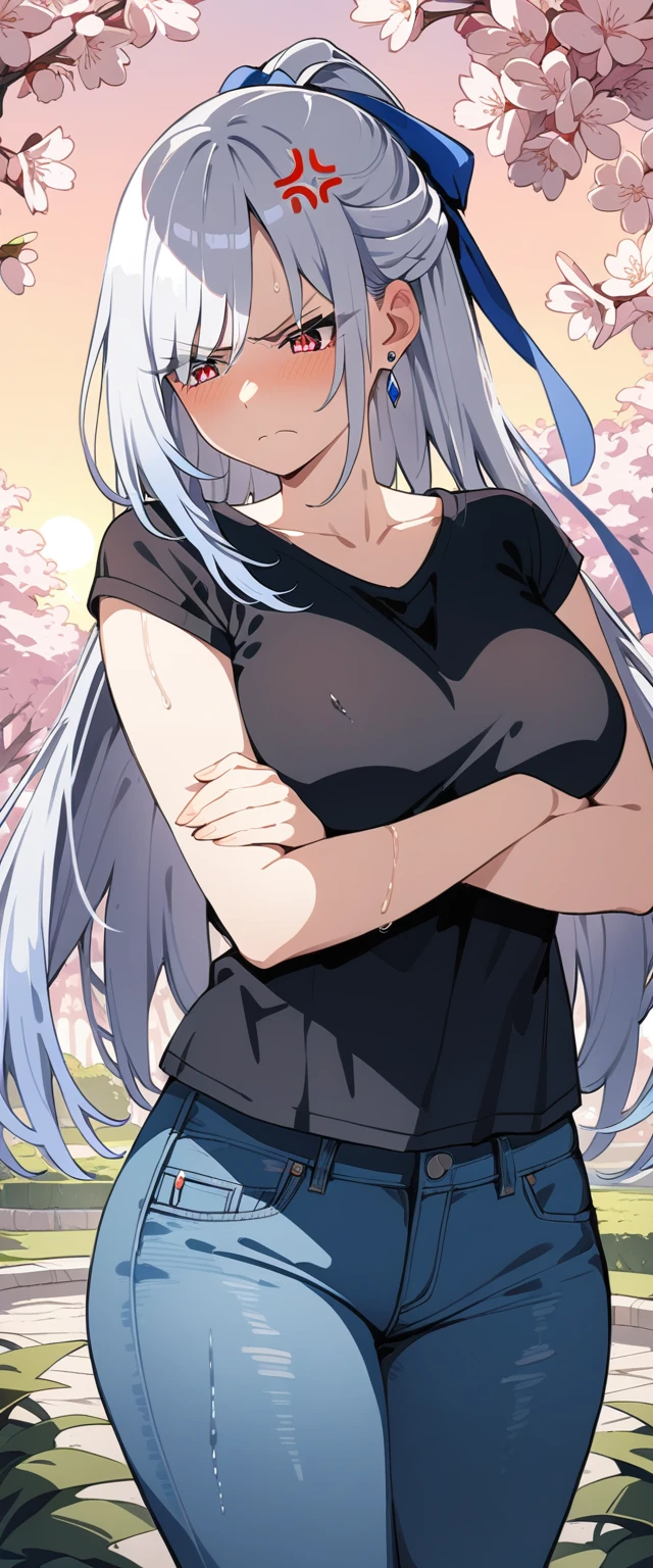 (masterpiece:1.37), best quality, (extremely detailed:1.37), (1girl:1.5), woman, (mature:1.5), (adult:1.5), jingliu, white hair, long hair, ponytail, hair ribbon, red eyes, earrings, jewelry, (jeans:1.25), (extremely detailed eyes:1.37), (wetting self:1.75), embarrassed, humiliation, blushing, (angry:1.5), cherry blossoms, garden, (golden hour:1.5), full body, (arms crossed:1.5)