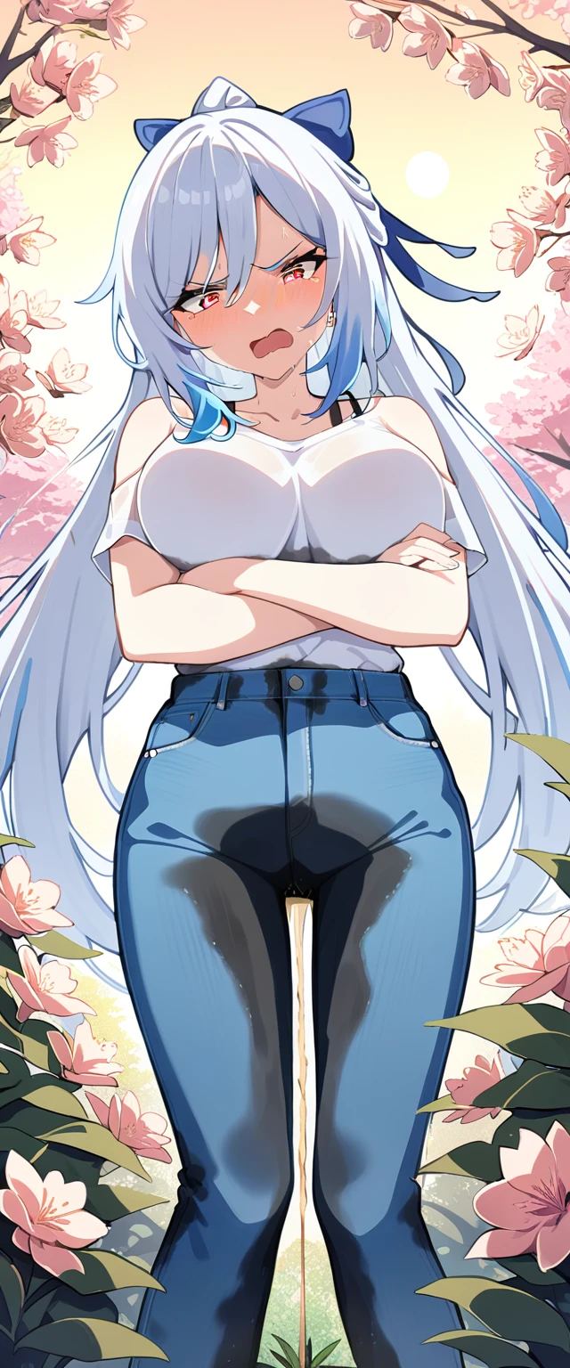 (masterpiece:1.37), best quality, (extremely detailed:1.37), (1girl:1.5), woman, (mature:1.5), (adult:1.5), jingliu, white hair, long hair, ponytail, hair ribbon, red eyes, earrings, jewelry, (jeans:1.25), (extremely detailed eyes:1.37), (wetting self:1.75), embarrassed, humiliation, blushing, (angry:1.5), cherry blossoms, garden, (golden hour:1.5), full body, (arms crossed:1.5)