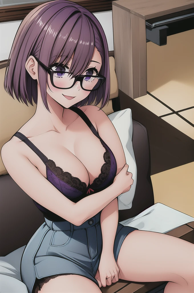 1girl, cowboy shot,porn, smile, glasses, 
nitengojigen_ririsa, purple eyes, purple hair, short hair, bangs,Lace bra, lace underwear, short sleeves, Show your breasts,sex, , best quality, masterpiece, highres, sleep position,Spread your legs,