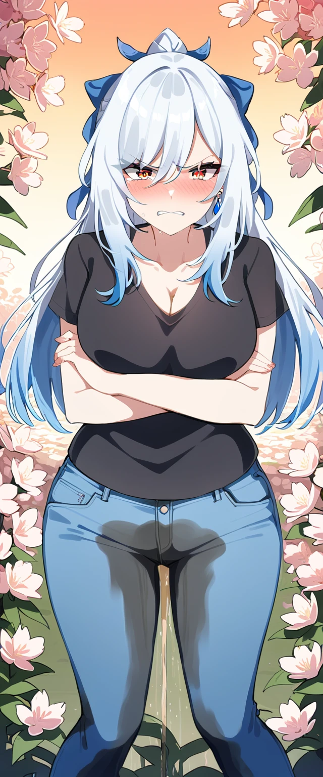 (masterpiece:1.37), best quality, (extremely detailed:1.37), (1girl:1.5), woman, (mature:1.5), (adult:1.5), jingliu, white hair, long hair, ponytail, hair ribbon, red eyes, earrings, jewelry, (jeans:1.25), (extremely detailed eyes:1.37), (wetting self:1.75), embarrassed, humiliation, blushing, (angry:1.5), cherry blossoms, garden, (golden hour:1.5), full body, (arms crossed:1.5)