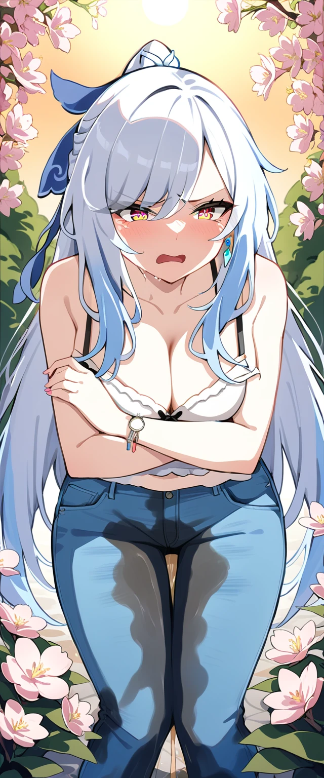 (masterpiece:1.37), best quality, (extremely detailed:1.37), (1girl:1.5), woman, (mature:1.5), (adult:1.5), jingliu, white hair, long hair, ponytail, hair ribbon, red eyes, earrings, jewelry, (jeans:1.25), (extremely detailed eyes:1.37), (wetting self:1.75), embarrassed, humiliation, blushing, (angry:1.5), cherry blossoms, garden, (golden hour:1.5), full body, (arms crossed:1.5)