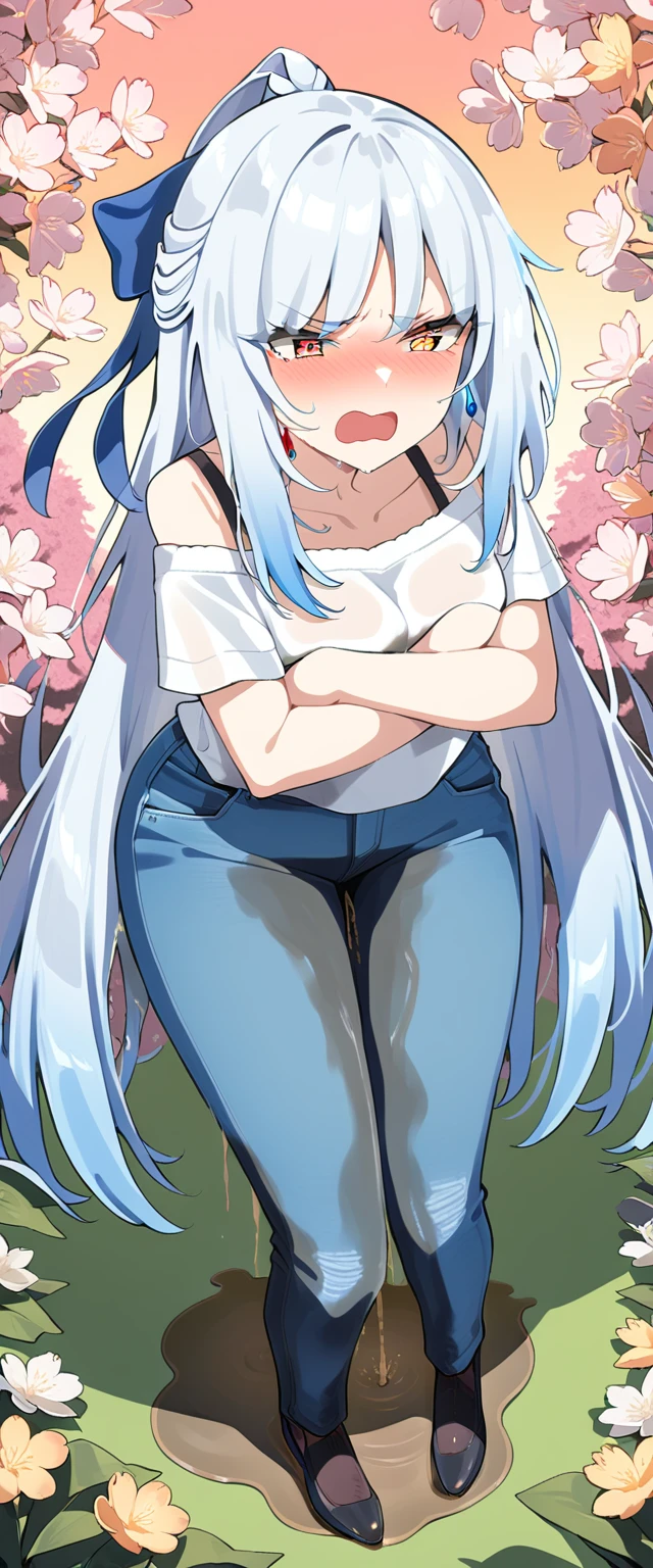 (masterpiece:1.37), best quality, (extremely detailed:1.37), (1girl:1.5), woman, (mature:1.5), (adult:1.5), jingliu, white hair, long hair, ponytail, hair ribbon, red eyes, earrings, jewelry, (jeans:1.25), (extremely detailed eyes:1.37), (wetting self:1.75), embarrassed, humiliation, blushing, (angry:1.5), cherry blossoms, garden, (golden hour:1.5), full body, (arms crossed:1.5)