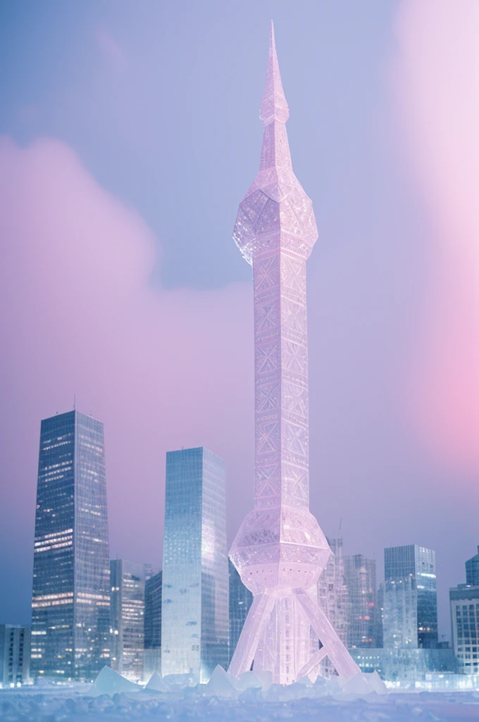 made of ice,snow,crystal,translucent,light pink,Light transmission,Crystal clear,Highlight buildings