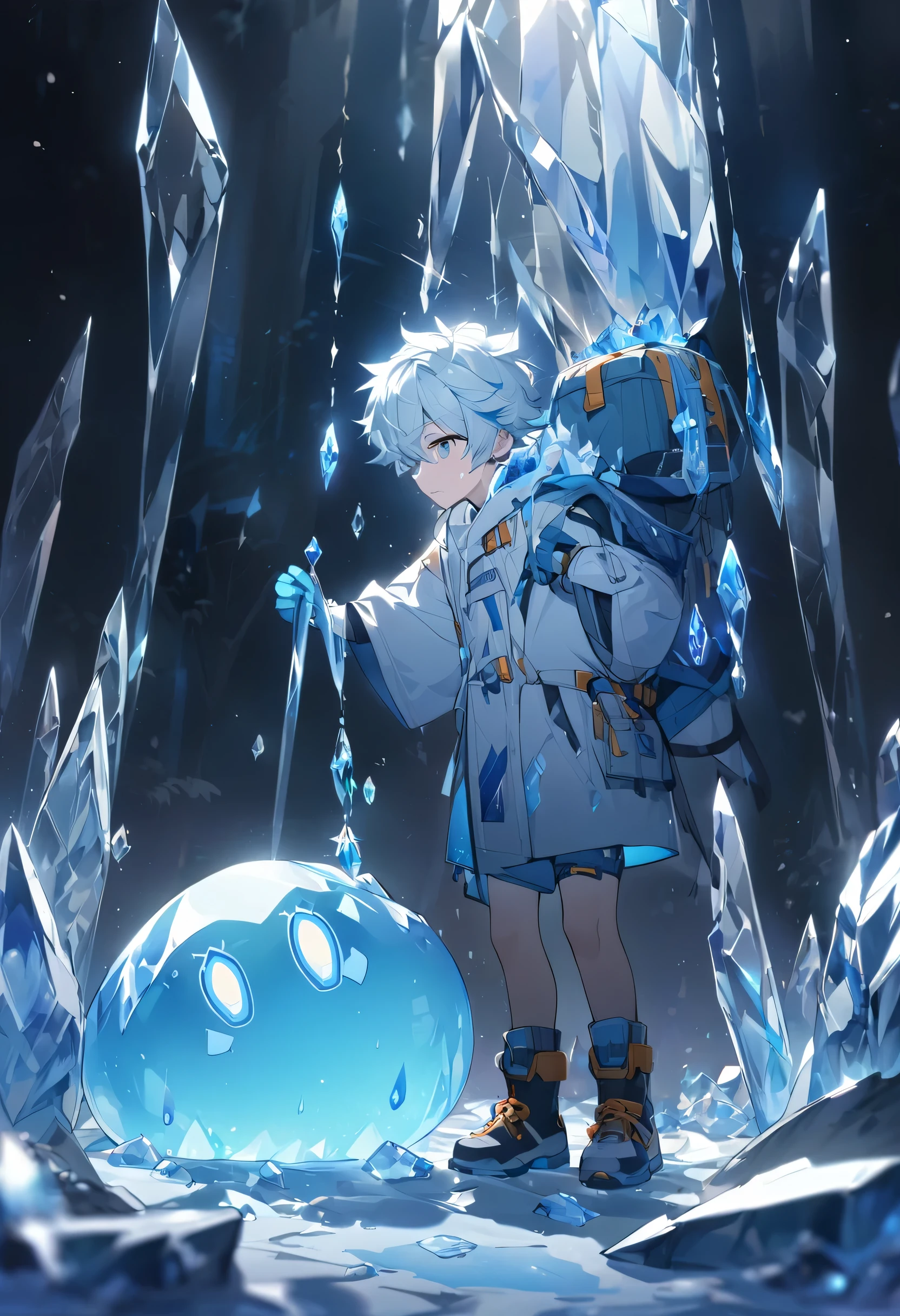 ,Thin,struggle,Standing,crystal,Crystallization,Blue crystal,Blue slime,Feet become crystal,Hands turn into crystal,crystal spread feet,Crystal legs,crystal hand,illumination,frozen,freeze,脚被frozen,cute,Boys ,蓝色Crystal legs,Only wear