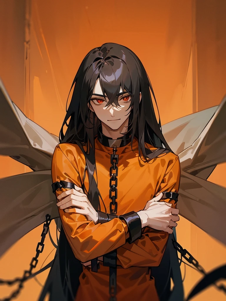 a man, Black long straight hair, dark red eyes, Slender and tall, prisoner, Perfect male body, Looking at the camera, (Orange prison uniform, Hold your arms tight, Smile, cell), portrait, Dramatic shadows, Prisoner, Chained