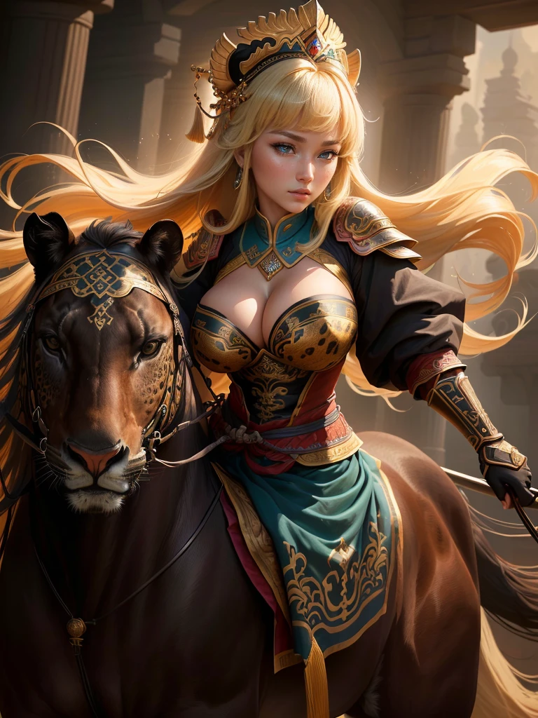 a close up of a woman riding a horse with a leopard on it, genghis khan, mongol, inspired by Li Kan, inspired by Hu Zaobin, photo of genghis khan, bian lian, naranbaatar ganbold, inspired by Huang Shen, yiqiang and shurakrgt, by Yang Borun, kuang hong, Highly detailed CG unit 8k wallpaper, masterpiece, High resolution, highest quality, highest quality real texture skin, Super Real, Digital Painting, Best image quality, 最High resolution, 8k, ((Highly detailed eyes and face, Beautiful eyes every detail)), 1girl, Full Body Shot, 1girl, Saggy breasts, Gravity-dependent breasts, long chest, Heavy chest, disproportionate breasts, huge breasts, sagging breasts, gigantic breasts, erect nipple, Cleavage cut out,