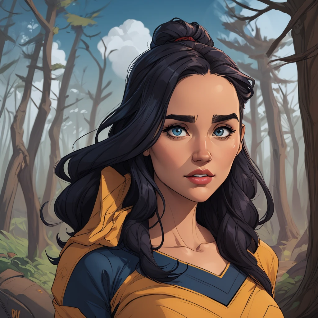 Character immunizing photography poses Cartoon image of a woman .cartoon style illustration, cartoon art style, cartoon art style, digital illustration style, highly detailed character design, courage detailed digital art, Forest fan art, Portrait Character Design, beautiful digital illustration, high-quality portrait, comic book art, young woman with beautiful hair . Beautiful lined eyes Medium large bust and wonderful clothes. image expression of nerd desire from waist to head illustration Jennifer Connelly and Salma haiek