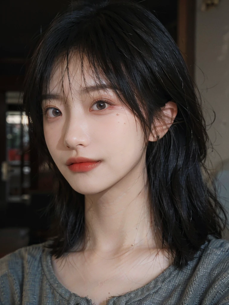 (Skin details:1.4), (smooth skin textures:1.3), (Upper body:1.4),(Upper Body:1.3)Lipstick, background, earrings, serene, calm, (Realistic and detailed eyes:1.2), Natural skin texture, Realistic facial details, Soft dramatic lighting, Vivid details, 35 mm film, outdoor, (Photo Practical:1.4), (hyper Practical:1.4), (Practical:1.3), (Smoother lighting:1.05), (Improve lighting quality:0.9), (Highest quality real skin textures:1.4), Exquisite eyes, Delicate face, Close-up of face, (Enhance the beauty of skin texture:1.1), Hair details,(Large Breasts:1.3)normal body ratio, short hair, Moles under the eyes, A faint smile,Portrait Photography, Depth of Field, Bokeh, Surrealism, Ray Tracing, (Portrait Photography:1.1), Surrealism, High Detail, Chiaroscuro, Ray Tracing, reflected light, Ultra HD, Ultra HD, masterpiece, Textured Skin, Super Detail, High Detail, high quality, best quality