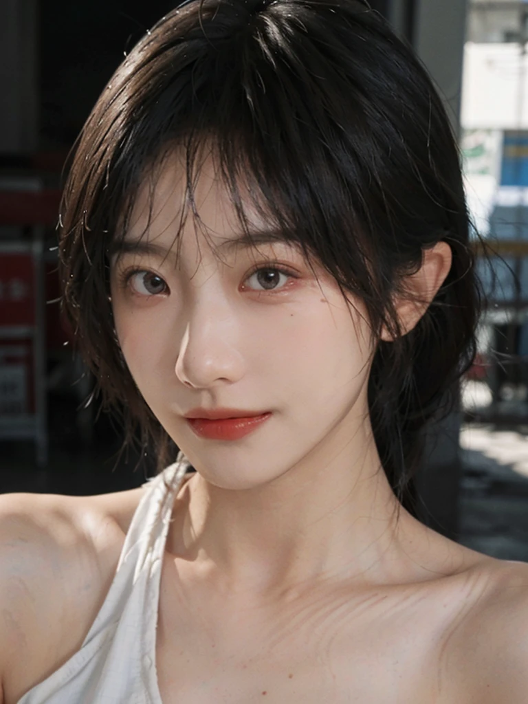 (Skin details:1.4), (smooth skin textures:1.3), (Upper body:1.4),(Upper Body:1.3)Lipstick, background, earrings, serene, calm, (Realistic and detailed eyes:1.2), Natural skin texture, Realistic facial details, Soft dramatic lighting, Vivid details, 35 mm film, outdoor, (Photo Practical:1.4), (hyper Practical:1.4), (Practical:1.3), (Smoother lighting:1.05), (Improve lighting quality:0.9), (Highest quality real skin textures:1.4), Exquisite eyes, Delicate face, Close-up of face, (Enhance the beauty of skin texture:1.1), Hair details,(Large Breasts:1.3)normal body ratio, short hair, Moles under the eyes, A faint smile,Portrait Photography, Depth of Field, Bokeh, Surrealism, Ray Tracing, (Portrait Photography:1.1), Surrealism, High Detail, Chiaroscuro, Ray Tracing, reflected light, Ultra HD, Ultra HD, masterpiece, Textured Skin, Super Detail, High Detail, high quality, best quality