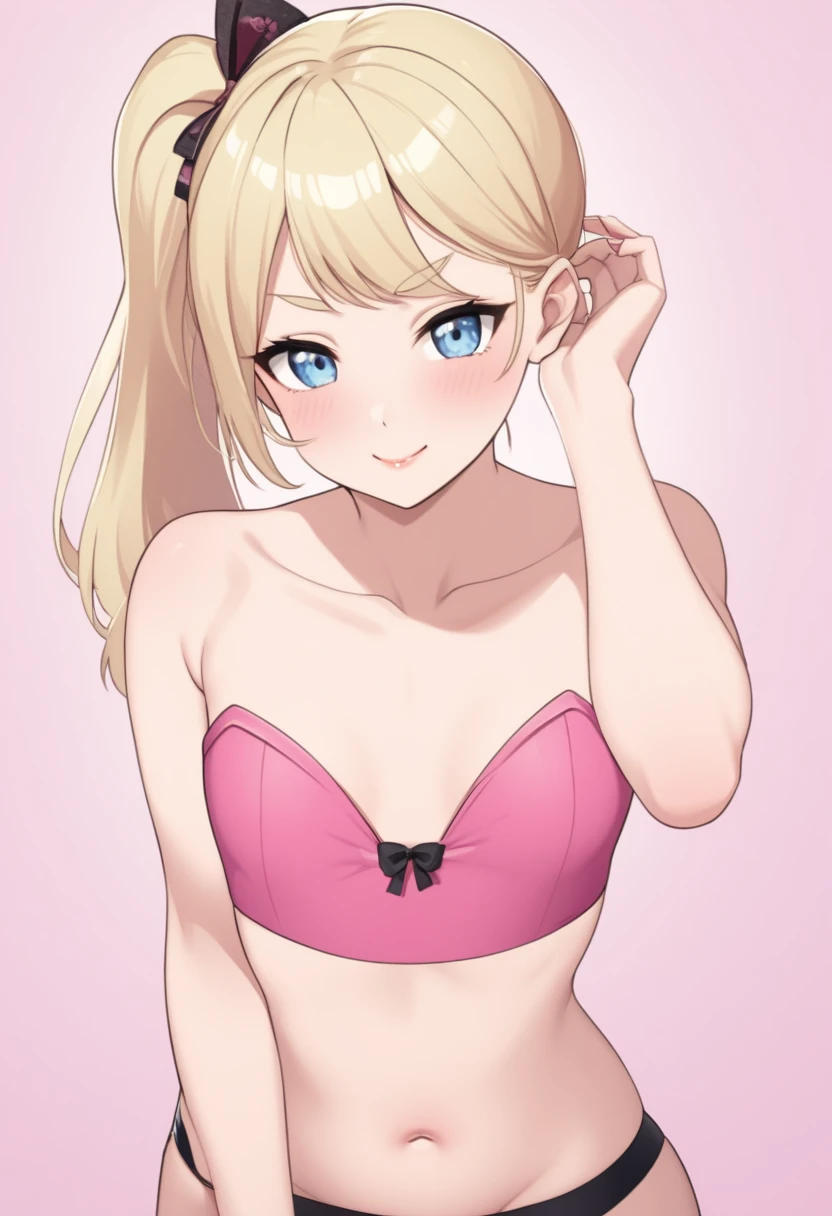 Woman, light blonde hair, pale blue eyes, rosy cheeks, lipgloss, solo, smiling, sassy, bright smile, pink strapless crop top, high side ponytail, light blonde eyebrows, delicate, flat, feminine, pastel pink, posing, flirty, childish, sexy, cute, no breast, lips, flirty, tucking hair behind her ear, flat chest, slim, very slim 