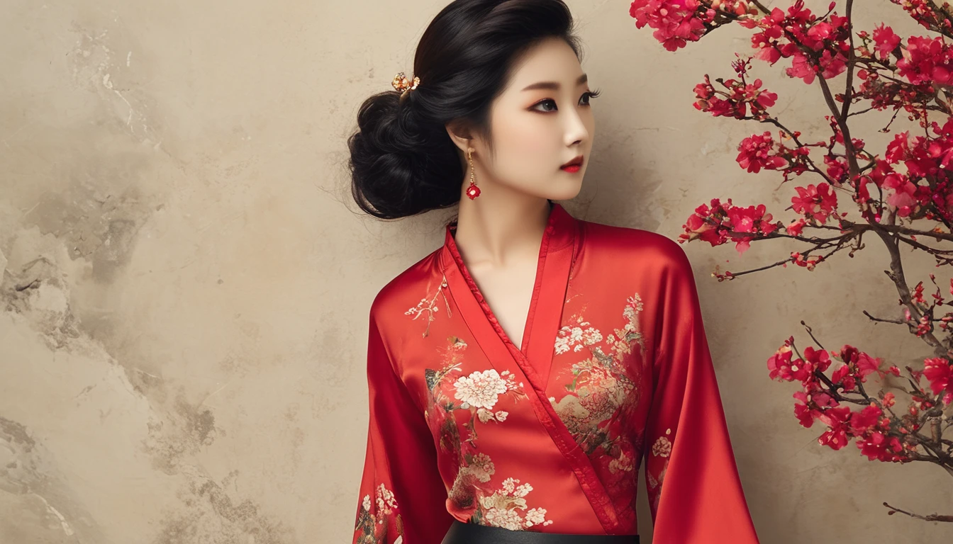chinese red blouse, in the style of dreamy and romantic compositions, floral explosions --ar 24:37 --stylize 750 --v 6