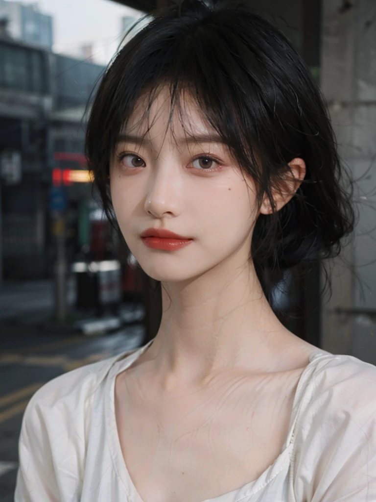 (Skin details:1.4), (smooth skin textures:1.3), （Upper body：1.4），（Upper Body：1.3）Lipstick, background, earrings, serene, calm, (Realistic and detailed eyes：1.2）, Natural skin texture, Realistic facial details, Soft dramatic lighting, Vivid details, 35 mm film, outdoor, (Photo Practical:1.4), (hyper Practical:1.4), (Practical:1.3), (Smoother lighting:1.05), (Improve lighting quality:0.9), (Highest quality real skin textures:1.4), Exquisite eyes, Delicate face, Close-up of face, (Enhance the beauty of skin texture:1.1), Hair details,（Large Breasts：1.3）normal body ratio, short hair, Moles under the eyes, A faint smile,Portrait Photography, Depth of Field, Bokeh, Surrealism, Ray Tracing, (Portrait Photography:1.1), Surrealism, High Detail, Chiaroscuro, Ray Tracing, reflected light, Ultra HD, Ultra HD, masterpiece, Textured Skin, Super Detail, High Detail, high quality, best quality