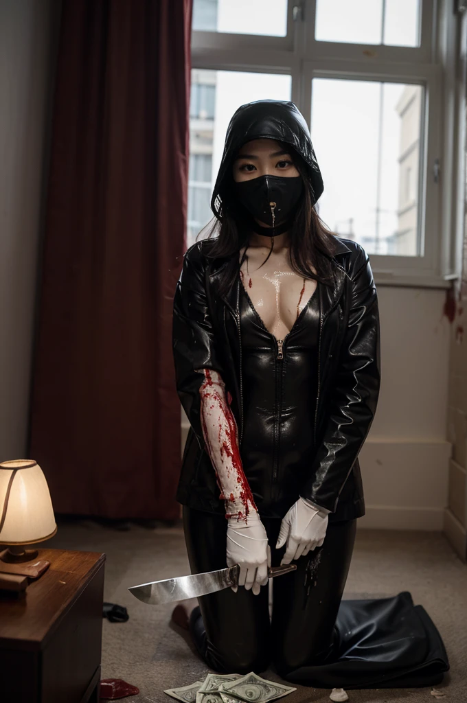 korean naked girl, (behind corpse, surgical mask), multiple girls, holding knife, stabbing, leather gloves, room full of blood, trucker hat, holding knife, leather gloves, behind corpse, blood splatter, short hair, night, mass murderer, robbery, in the house, dark atmosphere, cinematic lighting, atmospheric realistic,
