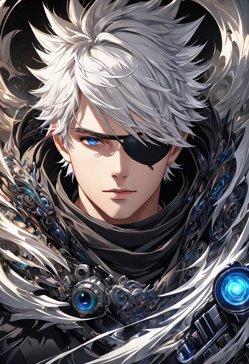 ( 正確Perfect anatomical structure )一名身穿黑色衬衫的男孩載 Single eye black eyepatch ( Single eye black eyepatch)、scarf, gray hair, Close up high dynamic range of man with spiky hair and white hair pointing gun forward dynamic sniper ( perfect anatomy ) Aim forward and emit bright light ( Perfect anatomical structure ) Handsome black jacket blue silver shiny swirling high dynamic vortex around man, Vortex Dynamic Masterpiece Perfect Composition Intricate Details Meticulous Digital Art